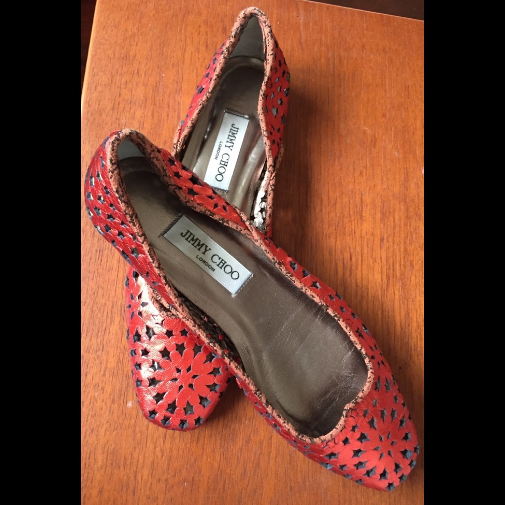 RARE! Jimmy Choo Red Metallic Leather Star Flats